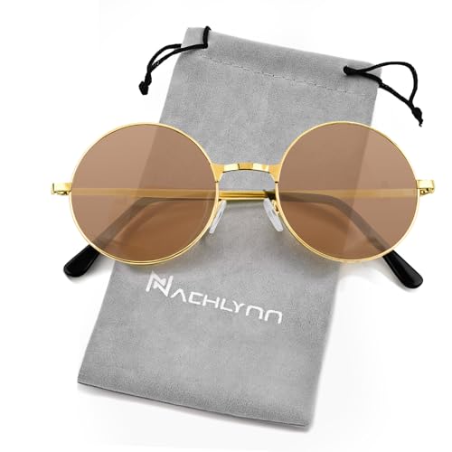 NACHLYNN Round Hippie Sunglasses Metal Border Circle Hippie Glasses UV380 Protection 70s Sunglasses for Men Women Party Favor - color: Brown