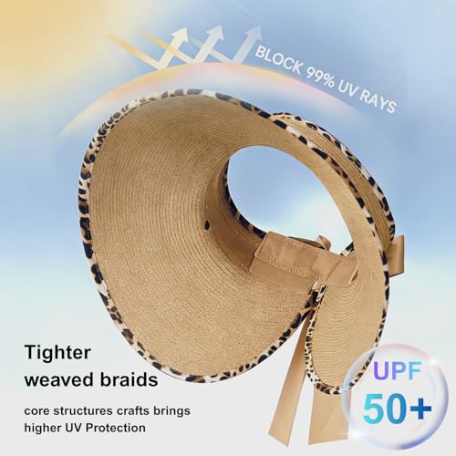 Women's Sun Visor Hats Wide Brim Beach Hat Straw Ponytail Visor Packable Foldable UPF 50+ Floppy Travel Hats - color: Khaki02