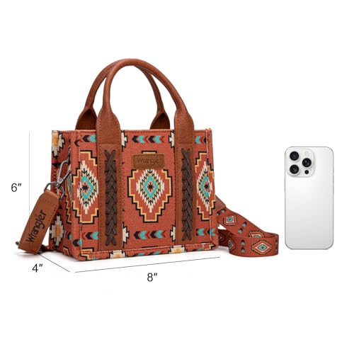 Wrangler Mini Aztec Tote Bag for Women Boho Small Top Handle Purse with Adjustable Strap - color: Boho Brown