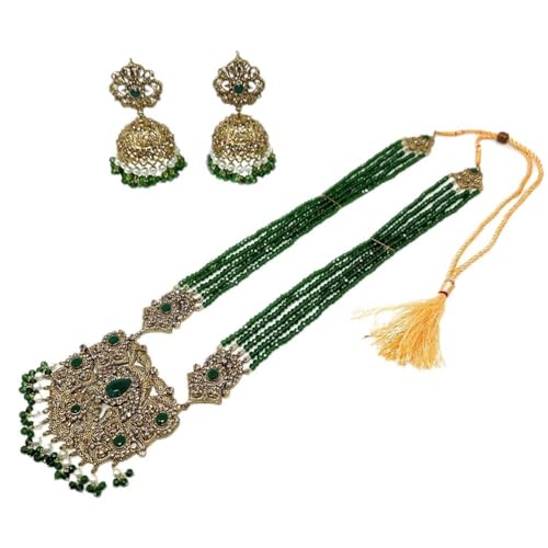 Duel On Jewel Indian Ethnic Jewelry Virtual Bundle for Women - Gold-Plated Teardrop Bell Anklet Payal Set with Green Bead Rani Haar Necklace & Jhumka Earrings, Bridal Wedding Party Boho Mughal Style