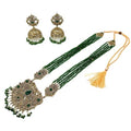 Duel On Jewel Indian Ethnic Jewelry Virtual Bundle for Women - Gold-Plated Teardrop Bell Anklet Payal Set with Green Bead Rani Haar Necklace & Jhumka Earrings, Bridal Wedding Party Boho Mughal Style