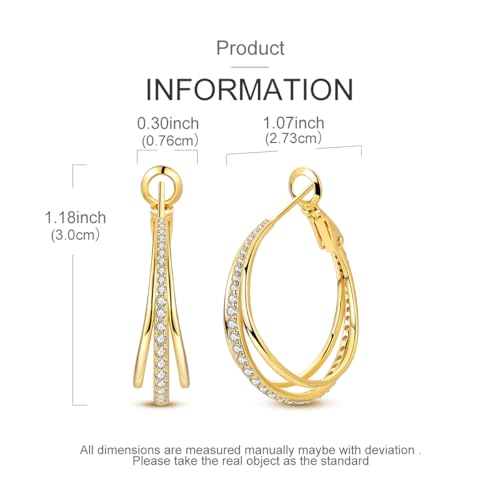 Parmuz 925 Sterling Silver Earrings Hoops for Women Ladies Simple Lightweight Twisted Medium Hoop Earrings With Cubic Zirconia Hypoallergenic Jewelry for Her - color: Gold