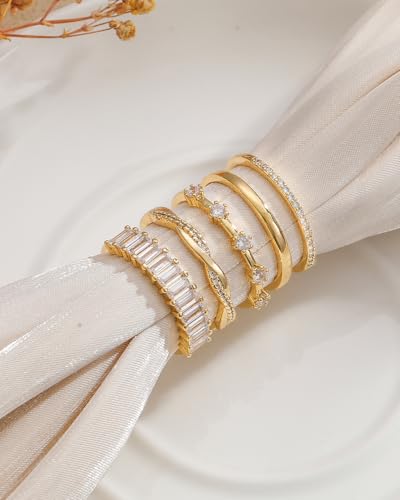 Stackable Silver/Gold Rings for Women Non Tarnish Trendy Dainty 14K Gold Plated Stacking Cubic Zirconia Thumb Ring Set Minimalist Promise Wedding Bands Engagement Rings for Women Size 6-10 - color: A-5pcs-Gold, size: 7