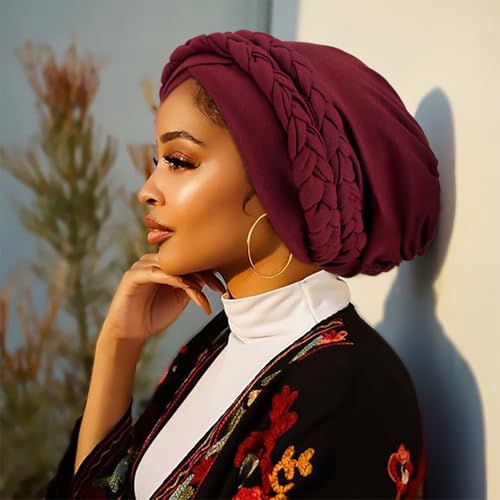 African Women Turban Caps Pre-Tied Twisted Turbans Head Scarf for Women Hair Wraps Cover Beanie Cancer Chemo Headwear - color: 1 Pack Double Twisted Braid: Red