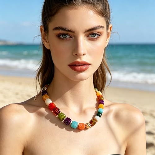 GAUEIOUR Summer Beach Jewelry Chunky Beaded Necklace for Women Boho Charm Jewelry Accessories Surfer Trendy Statement Big Colorful Resin Bead Vcation Choker Necklaces