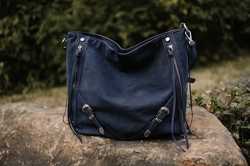 Wrangler Large Hobo Purses and Handbags for Women with Buckle and Fringe Zipper Faux Suede Shoulder Bag - color: Navy