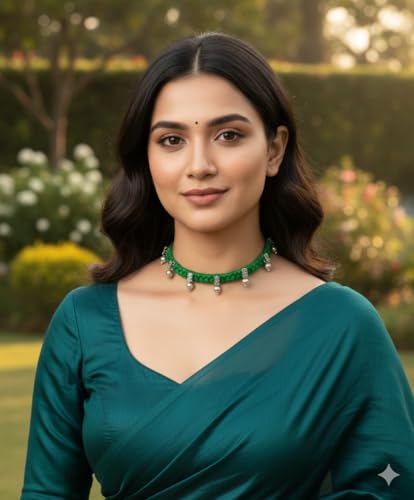 athizay Boho Charm Thread Choker Necklace – Braided Bohemian Choker with Oxidized Silver Dangle Charms | Handmade Boho Jewelry for Women - color: Green, silver
