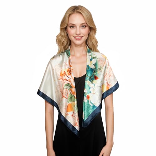 RIIQIICHY Head Scarf for Women Like Silk Scarf Hair Scarf Printed Square Scarf Bandanas for Women 35 Inches - color: Navy/Orange/Yellow/Cream