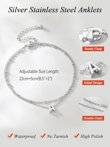 FaithHeart Initial Ankle Bracelets for Women, Waterproof 14k Gold Plated Initial Anklets Non Tarnish Stainless Steel Cute Layered Anklet Summer Beach Jewelry - color: Silver, size: Initial L