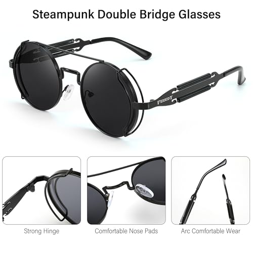 FEISEDY Aviator Sunglasses for Men Women, Retro Steampunk Gothic Round Metal Frame Hippie Glasses B2351 - color: Black Frame With Gray Lenses and Black Temples
