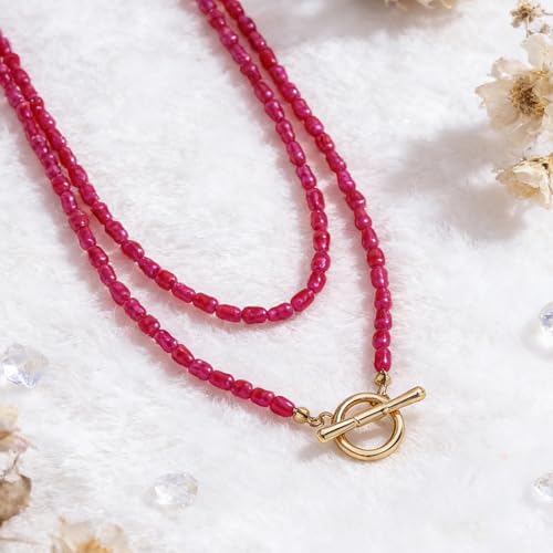 Red Beaded Necklace for Women Choker Gold Toggle Clasp Layered Stack Dainty Statement Western Boho Trendy Summer Vacation Necklaces Birthday Jewelry Gifts - color: C1:Red Beaded Necklace