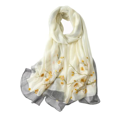 WINCESS YU Women Mulberry Silk Scarf Long & Large Embroidered Floral Pattern Shawl and Wraps Neckerchief for Hair & Neck - color: Black
