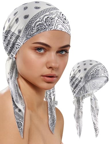 Ababalaya Chemo Headwear for Women Softer Headcover with Longer Tails, Breathable Skull Cap Non-Slip Sleep Beanie - color: Whitepaisley