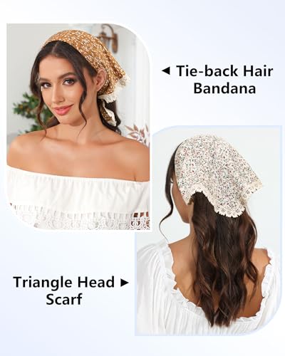 AWAYTR 3Pcs Hair Bandanas Head Kerchief for Women Girls Tie-Back Boho Hair Scarf Headband Bandana Triangle Head Scarf - color: Floral - Yellow / Black / Beige