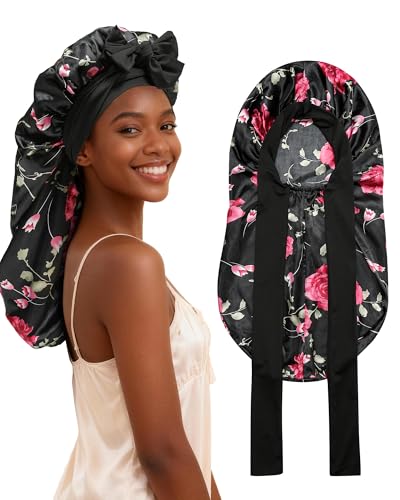 AWAYTR Long Satin Bonnet for Braids - Elastic Silk Hair Bonnets for Sleeping Night Cap Stretchy Tie Band for Women（Flower C） - color: Flower C