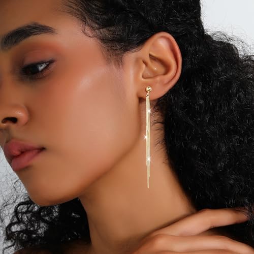 Long Dangle Earrings for Women 925 Sterling Silver/14K Gold Plated Tassel Chain Dangle Drop Earrings for Women Dainty Minimalist Dangling Drop Earrings for Prom Party Jewelry - style: Chain-5-Gold