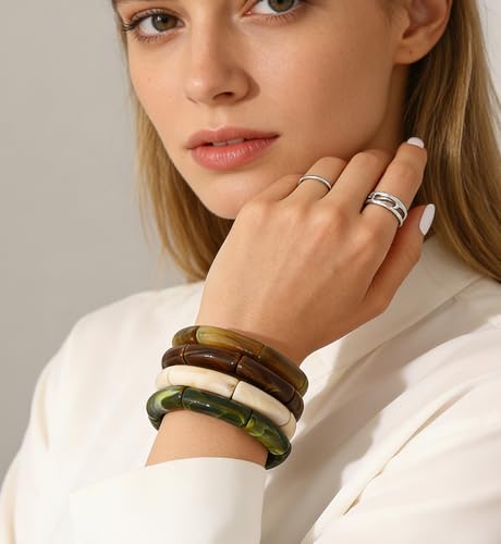 iF YOU 6pcs Chunky Acrylic Bangle Bracelets for Women, Resin Bamboo Brown Stretchy Bracelet Stack, Fashion Jewelry for Women - color: 4pcs-green & brown bracelets