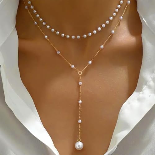 Vintage Pearl Y Lariat Necklace Layered Pearl Choker Necklace Gold Pearl Y Necklace Long Pearl Drop Necklace Wedding Pearl Pendant Necklace Jewelry for Women