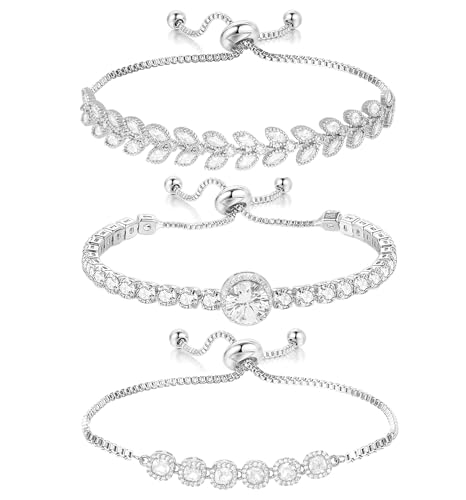 Tennis Bracelet for Women Cubic Zirconia Bracelets Adjustable Slider Bracelets - color: Silver