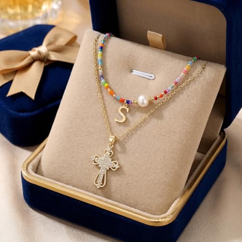 Colorful Pearl Beaded Initial Choker Necklaces for Women, Boho Handmade Personalized Seed Beads Letter Name Necklace Beach Surfer Bohemian Jewelry Gift - color: Cross S