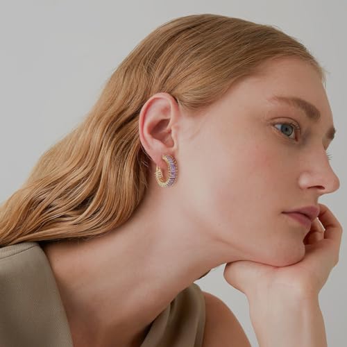 Trendy 14K Gold Plated Hoop Earrings for Women, Chunky Gold/Silver Earrings for Women Cubic Zirconia Baguette Hoop Earrings Heart Hoops Lightweight Hypoallergenic Jewelry,25mm/35mm/40mm/50mm - color: 01 Gold Purple Hoops 25mm