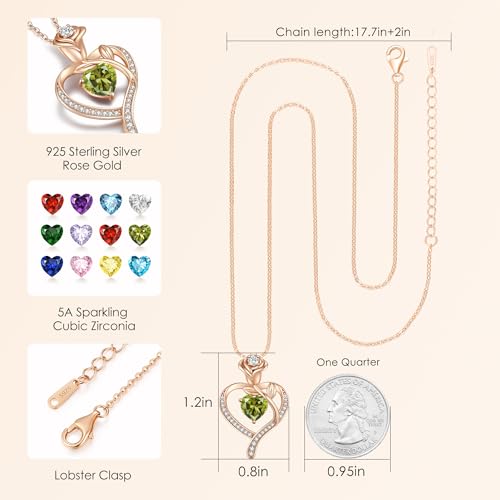 LOUISA SECRET Rose Flower Heart Birthstone Necklaces for Women, 925 Sterling Silver Jewelry, Pendant Heart Necklaces Birthday Anniversary Christmas Gift for Women Wife Mom Girlfriend Lady - color: Rose Gold-08-Aug