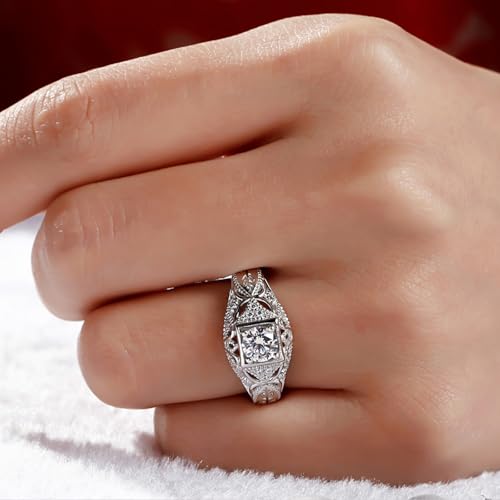 Jeulia Vintage Rings 925 Sterling Silver Round Cut Solitair Diamond Ring Wedding Engagement Statement Ring Band Anniversary Promise Bridal Set with Gift Box