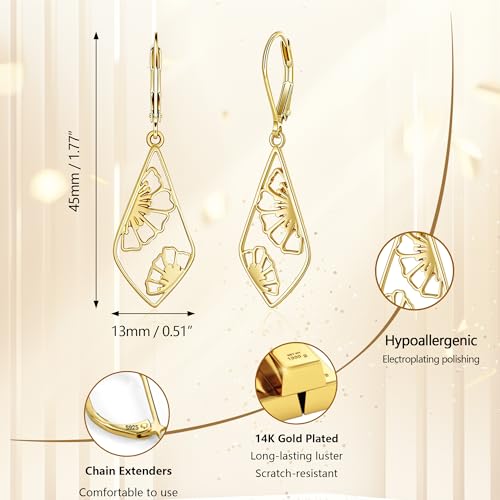 Silver Dangle Earrings Hypoallergenic Filigree Flower Carved Hollow Out Dangle Earrings for Women 14K Gold Plated Geometric Leverback Earring Trendy Silver Drop Earings Jewelry Gifts - color: 14K Gold