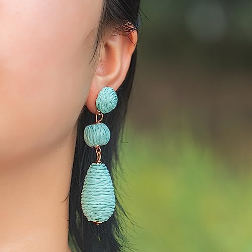 Boho Raffia Earrings Statement Dangle Earrings Cute Teardrop Ball Earrings Colorful Summer Jewelry Handmade Rattan Earrings for Women - color: Lime Green