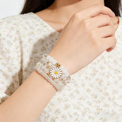 coadipress 5Pcs Bohemian Flower Stackable Bead Bracelets for Women Multilayer Crystal Glass Beaded Charm Bangles Bracelet Boho Summer Beach Hawaii Holiday Statement Jewelry - color: White