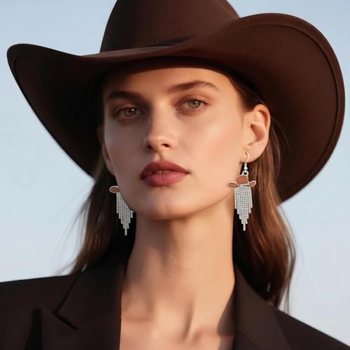 RechicGu 3 Pairs Western Cowgirl Cowboy Hat Earrings Set Silver Symmetric Boots Sparkly Rhinestone Tassels Drop Dangle Rural Culture Earrings Set For Women - color: Silver Boots,Brown Hat