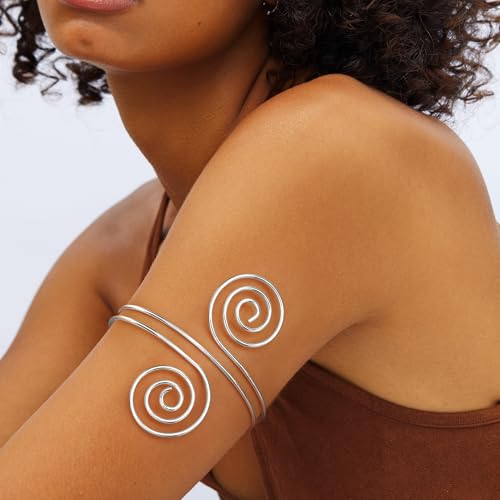 FUNRUN JEWELRY Arm Cuff Upper Arm Band for Women Gold Arm Cuff Bangle Bracelets Adjustable Coil Swirl Armlet ArmBand Jewelry,3-4Pcs - color: A:Silver tone