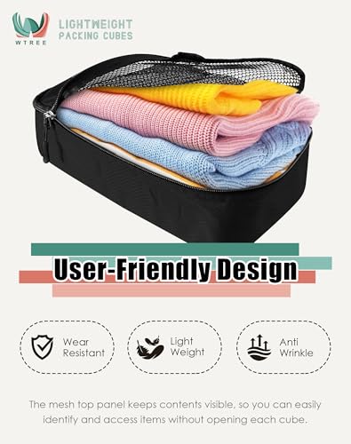 WTREE 4-Piece Packing Cubes Travel Accessories Set for Suitcases - Luggage Organizer Bags with Double Zipper - Mesh Top - Small/Medium/Large/Slim - Black - color: Black, size: Slim, Small, Medium, Large
