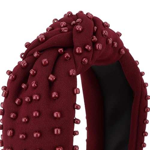 YISSION 1PC Beaded Knotted Headband Wide Jeweled Headbands for women Non Slip Embellished Hairband Dark Red Head Band Hair Accessories for Women Girls - color: Dark Red
