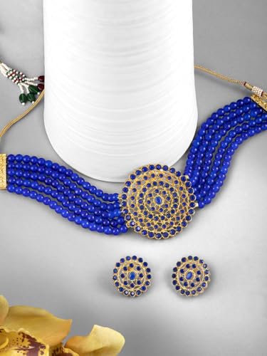 Aheli Pearl Diamond Choker Necklace & Round Earrings Gift for Women Indian Traditional Bollywood Fashion Bharatanatyam jewellery set - color: Blue