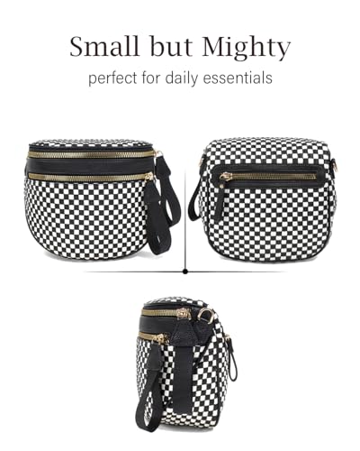 Valentoria Large Woven Leather Crossbody Bags for Women Checkered Bum Bag Sling Bag Purse Adjustable Strap Detachable Wallet | Woven - color: Black&white Checkered