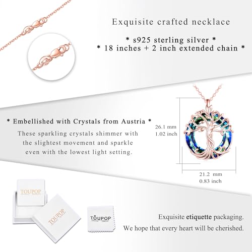 TOUPOP Tree of Life Necklace Gifts for Women 925 Sterling Silver Family Tree Pendant with Crystal Birthday Irish Jewelry Gifts for Women Her Wife Mom - color: 02-Rose Gold-Blue Crystal