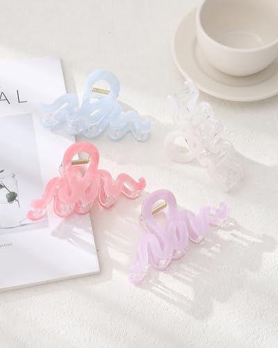 4Pcs Large Hair Claw Clips, Nonslip Cute Jelly Hair Clips for Thick Hair and Long Hair - color: Wave-White + Purple + Pink + Blue