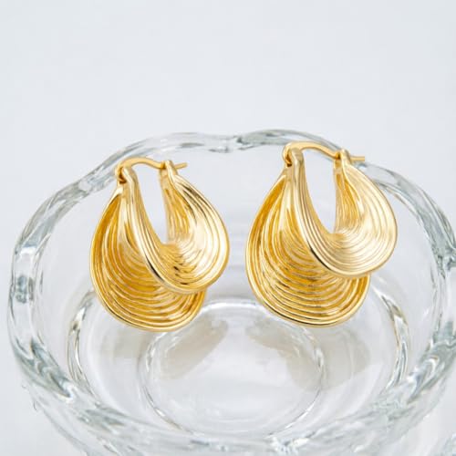 Gold Tone Textured Hoop Earrings 18K Gold Plated Medium Twisted Statement Hoops for Women Minimalist Jewelry