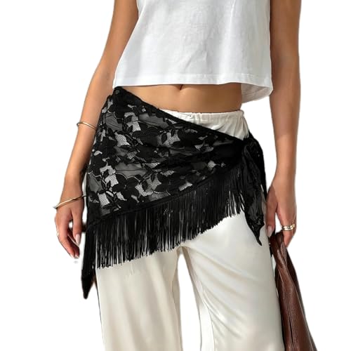 Women Y2K Lace Fringe Hip Scarf Boho Triangle Tassel Waist Cover Up Skirt Wrap Sheer Tie Belt Aesthetic Streetwear - color: D Black