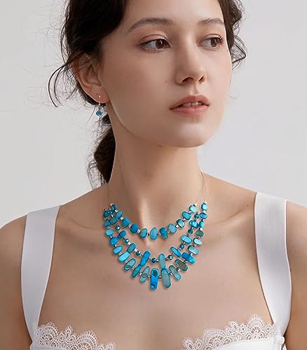 3 Layered Chunky Statement Necklace for Women Beaded Strand Necklaces with Earring Fashion Costumes Collar Necklace Jewelry Sets Gifts for Women - color: 50-Turquoise