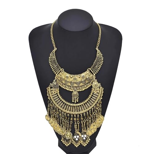 Vintage Gold Gypsy Bib Necklace, Multi-Layer Moon Pendant with Long Tassel, Afghan Ethnic Choker