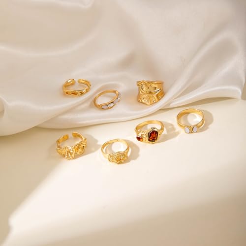 Chunky Gold Rings for Women Non Tarnish Boho Stackable Rings Set Adjustable Open Joint Finger Midi Knuckle Ring Packs - color: Gold Chunky Rings 7Pcs