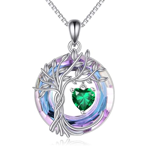 POPLYKE Mothers Day Gifts for Mom Her Wife Tree of Life Necklace 925 Sterling Silver Birthstone Pendant with Crystal Anniversary Birthday Wedding Jewelry for Women - color: 05-May-Emerald, style: White Gold Plated-Amethyst Crystal