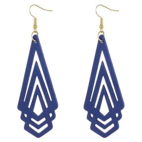 Handmade Wood Triangle Rhombus Hollow Geometric Dangle Drop Earrings Unique Presonalized Retro Gold Hook Earrings For Women - style: Blue