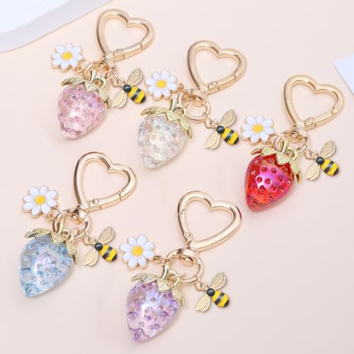 Keychain for Women Girls Bling Heart/Star/Strawberry Key Chain Accessories for Key/Backpack Bag Charm - color: Pink Strawberry