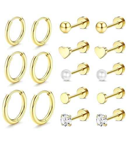 Incaton Hypoallergenic Flat Back Earrings for Women Silver 14K Gold Plated Surgical Stainless Steel Stud Earrings Cubic Zirconia Cartilage Studs Earrings For Multiple Piercing Sensitive Ears - color: 4-GOLD