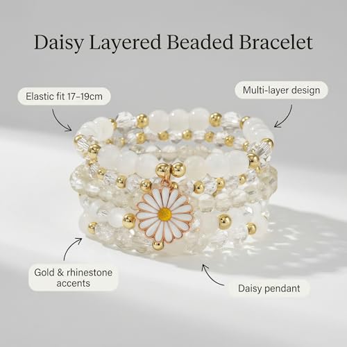 LOTSOF Boho Flower Beaded Bracelet Set for Women - Multilayer Crystal & Flower Charm Stackable Bracelets, Fashion Jewelry Gift for Her - color: White