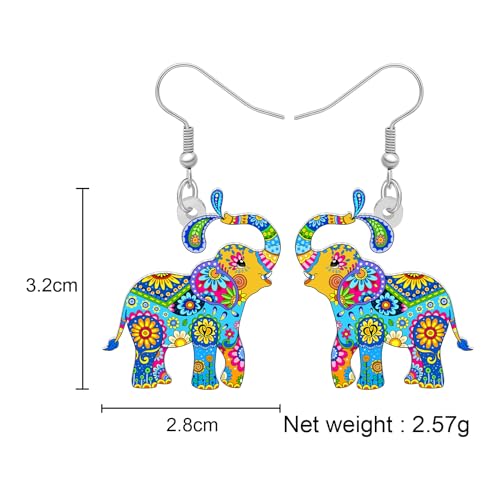 BONSNY Colorful Acrylic Elephant Dangle Earrings Bohemian Tribal Floral Design Boho Jewelry Gifts for Women Funny Novelty Hypoallergenic Spring Summer Gifts Accessories - color: Turquoise