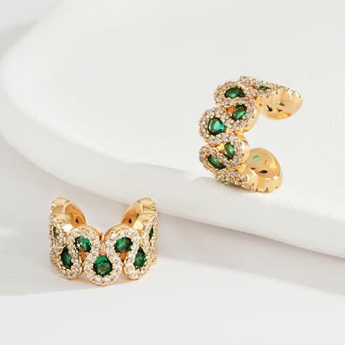 MTMY Gold Ear Cuff Earring for Women 14K Gold Plated Cubic Zirconia Non-Pierced Clip on Cartilage Chunky Ear Cuffs Hypoallergenic Jewelry - style: green cz / pair